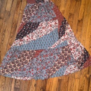 Boho Patchwork Floral Maxi Skirt in Rust, Blue & Cream